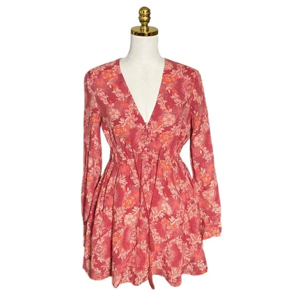 FREE PEOPLE | Stealing Fire Floral Print Peasant Tunic Dress in Red Combo Size M - Picture 1 of 12